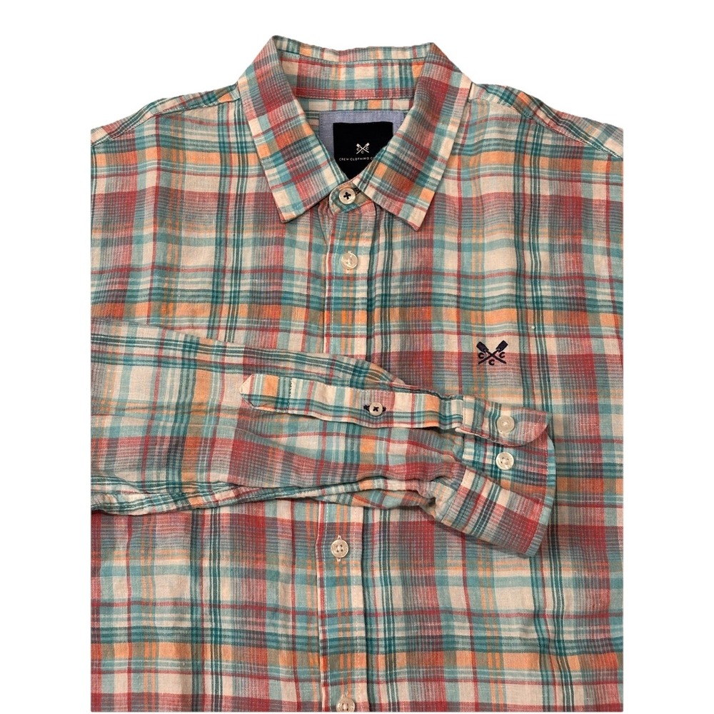 Crew Clothing Mens M Linen Classic Fit Aqua Pink Peach Plaid Shirt Long Sleeve